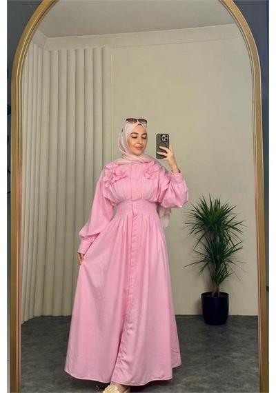 Neşeli Butik Kadın Pembe Belden Oturtmalı Çiçek Detaylı Premium Tesettür Elbise Nbvq4933