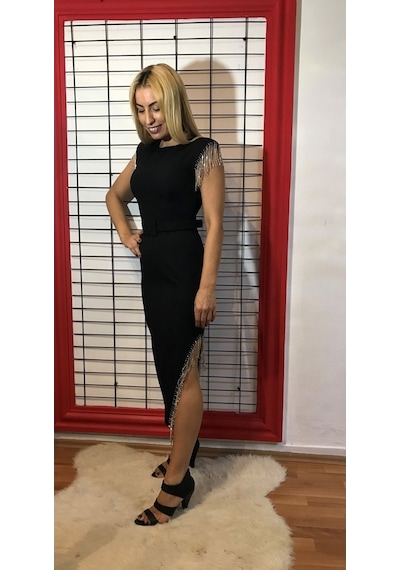 Haimoda Kadın Elbise Siyah Omuz Ve Etek Taşlı Yırtmaçlı Siyah