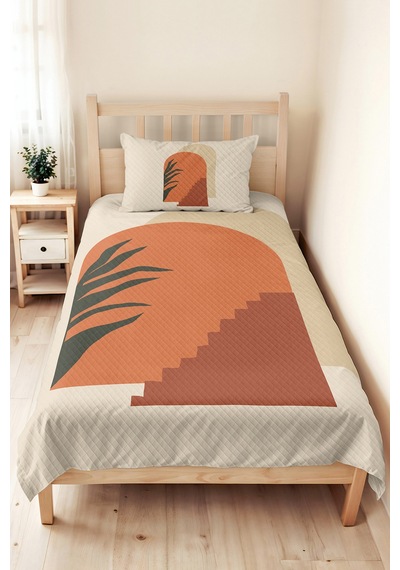 Boho Geometrik Kiremit Genç Odası Tek Kişilik Pike Takımı - Bej Antrasit 160x220 Cm Yatak Örtüsü Keten Tarlası Eşiği