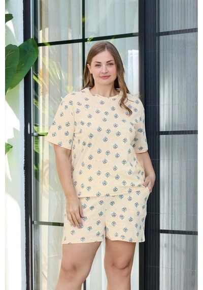 Aydoğan Kadın Dondurma Desenli Büyük Beden %100 Pamuk Şort Pijama Takımı Vizon - Ten Rengi Aydoğan Kadın Dondurma Desenli Büyük Beden %100 Pamuk Şort Pijama Takımı Vizon - Ten Rengi