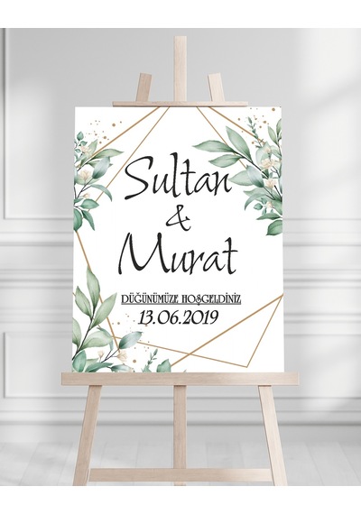 Söz Nişan Düğün İçin 50x70 Karşılama Panosu - Yeşil Çiçek Tasarımlı 001 Beyaz