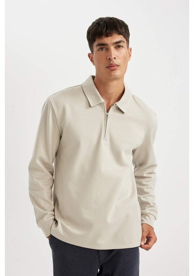 DeFacto Regular Fit Polo Yaka Yarım Fermuarlı Basic Düz Sweatshirt D2279AX24AUGR425 Gri