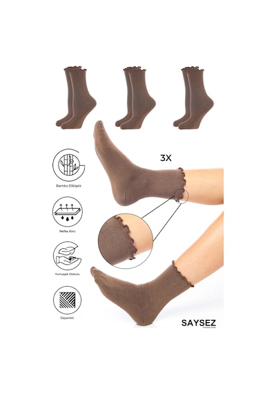 Saysez Bambu Kadın Lastiksiz Kahve Fırfırlı Soket Dikişsiz Çorap 3'lü Paket / İz Bırakmaz / Sıkmayan Çorap Renkli