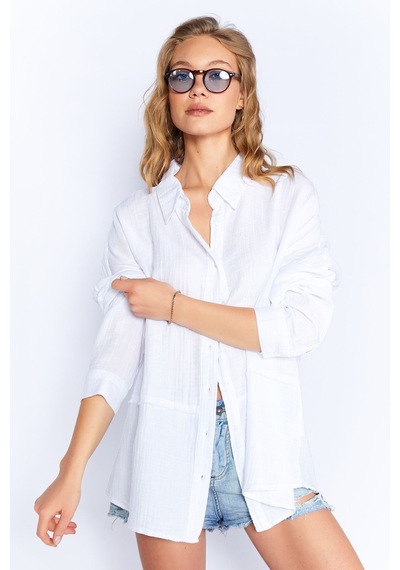 Manche Müslin Uzun Yıkamalı Oversize Rahat Kalıp Parçalı Kadın Düz Basic Gömlek Beyaz Mks166905-01 Manche Müslin Uzun Yıkamalı Oversize Rahat Kalıp Parçalı Kadın Düz Basic Gömlek Beyaz Mks166905-01