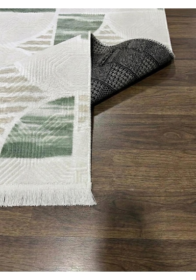 Krem Yeşil Saçaklı Modern Yıkanabilir Kabartmalı Kaymaz Taban Kesme Halı Yolluk