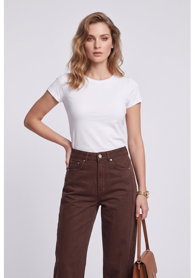 Bsb Kadın Yüksek Bel Geniş Paça Dikey Dikiş Detaylı Crop Jean Pantolon Kahverengi