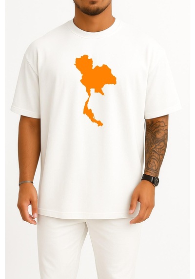 Bahriyeli Collection Oversize Tayland Haritası Göğüs Baskılı Unisex T-shirt Beyaz