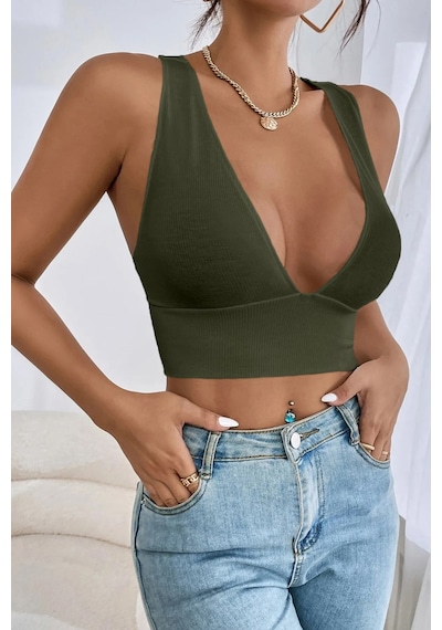 Terapi Men Kadın Haki Çapraz Sırt Detaylı Crop Top Bluz Haki