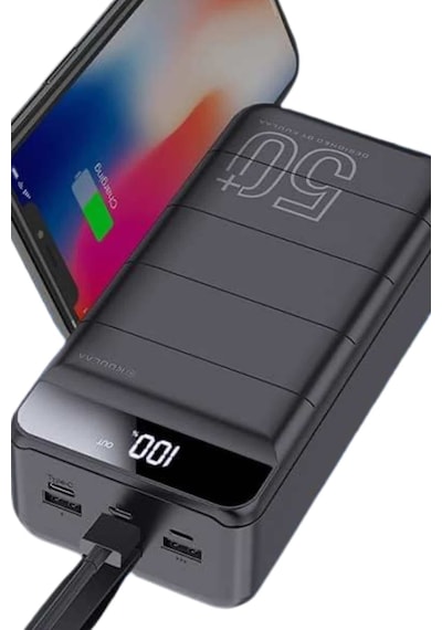 Tnabilir - 162 - Powerbank 50.000 Mah 4 Girişli Hızlı Şarj Led Göstergeli - Cadde101 - Fenerli Şarj siyah