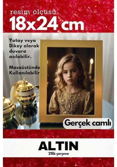 Gerçek Camlı 21lik Düz 18 X 24 Altın Fotoğraf Resim Çerçevesi Ayaklı Arkalık Veya Duvara Asma