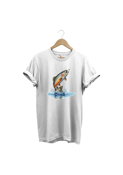 Zıpkınlanan Alabalık Tasarımlı Balıkçılık Temalı %100 Pamuk Unisex Regular Fit T-shirt Beyaz
