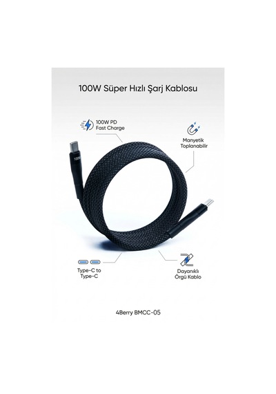 Bmcc05 100w Type-c Şarj Kablosu Manyetik Sarılabilir, Pd Hızlı Şarj, Dayanıklı Örgü 1,5 Metre Siyah