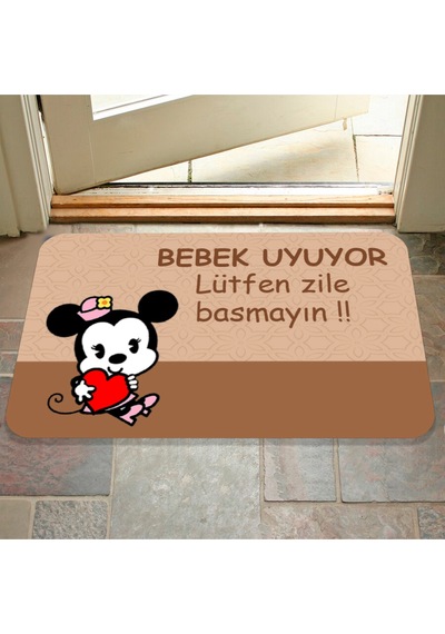 Bebek Uyuyor Yazılı Dekoratif Dış Kapı Önü Ve Iç Mekan Paspası Yıkanabilir Kahverengi