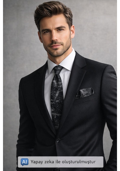 Gaffy Gri Desenli Siyah Dokuma Kumaş Mendilli Slim Fit Kravat // Sdk-2608-1 Siyah