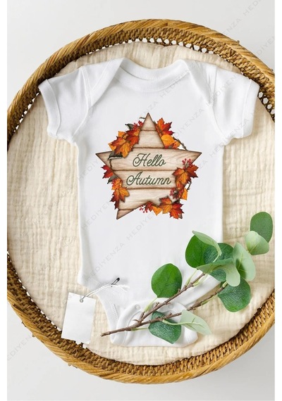 Hediyenza Hello Autumn Özel Tasarım Bebek Zıbın Pamuklu Çıtçıtlı Body Beyaz