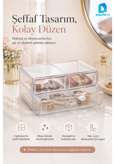 3 Çekmeceli Şeffaf Kozmetik Organizer Makyaj Takı Ruj Oje Pamuk Düzenleyici