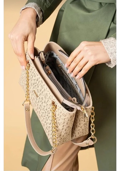 Just Polo Orijinal Kadın 3 Bölmeli Zincir Detaylı Ayarlanabilir Askılı Lüks El & Omuz Çantası Shoulder Bag Kum