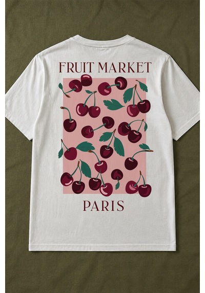 Spoyi Cherry Paris Tasarımlı %100 Pamuk Yarım Oversize Beyaz T-shirt