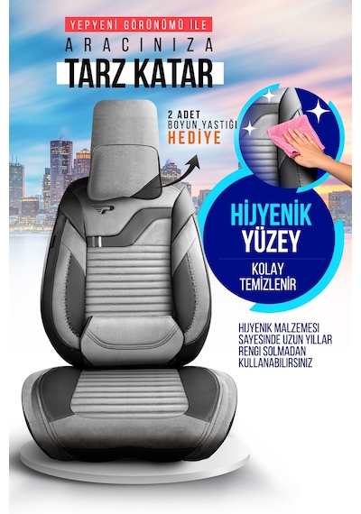 Gri - Siyah Garni Panda Boston Serisi Velucantra Kumaş Oto Koltuk Kılıfı - Tam Set