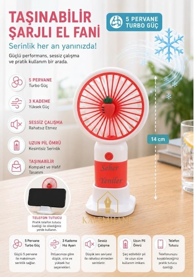 Kalemhane Kişiye Özel Mini El Fanı- 3 Kademeli 5 Pervaneli Turbo Güç Havuç