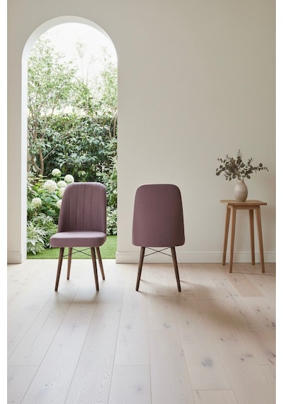 Nora 2 Adet Sandalye - Keten Kumaşlı Sandalye Modern Ahşap Ayaklı Yemek & Çalışma Sandalyesi Minimal Tasarım Pembe