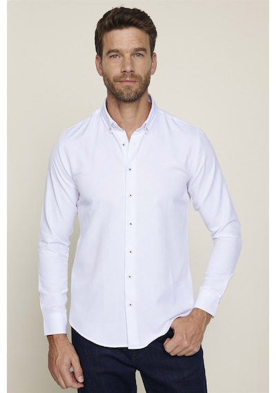 Tudors Slim Fit Düğmeli Yaka Pamuklu Kolay Ütü Düz Erkek Gömlek-26218-beyaz Beyaz