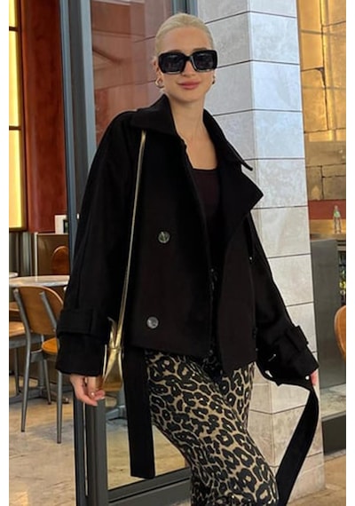 Madmext Siyah Düğmeli Kruvaze Yaka Kısa Kemerli Ceket Mg2174 Siyah