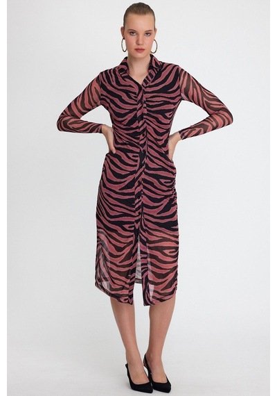 Quhox Kadın Zebra Desenli Elbise Fuşya