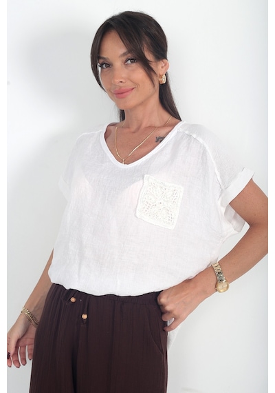 By Saygı Kadın İtalyan Cotton V Yaka Örgü Dantel Tek Cepli Oversize Keten Bluz Ekru