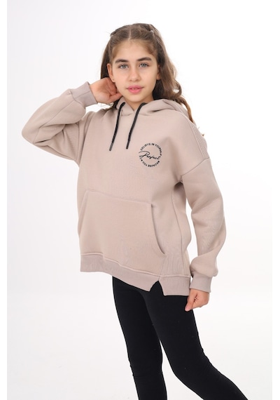 Kız Çocuk Oversize Kapüşonlu Cepli Düşük Omuz Baskılı Yırtmaçlı Sweatshirt - 3 İplik Şardonlu Bej Kız Çocuk Oversize Kapüşonlu Cepli Düşük Omuz Baskılı Yırtmaçlı Sweatshirt - 3 İplik Şardonlu Bej