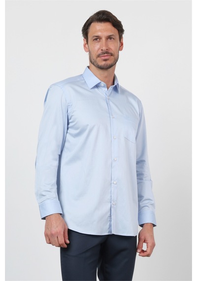 İmza Koyu Mavi Sert Yaka Uzun Kol Cepli Saten Comfort Fit Pamuk Gömlek 1004260423 2XL