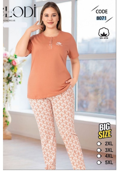 Melodi 8071 Kısa Kol %100 Pamuk Kadın Pijama Takımı V1 Karamel Kahve
