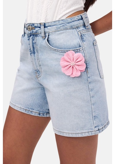 it's basic Kadın Mavi 4s6-3 Mom Relax Gül Ve Nakış Detaylı Özel Tasarım Denim Şort