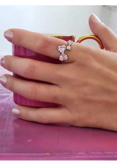 Eva Takı Store Papyon Fiyonk Model Pembe Taşlı Ayarlanabilir Silver Renk Çelik Yüzük Silver