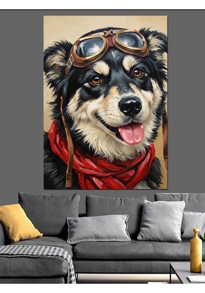 Ahşap Tablo Gözlüklü Havalı Köpek Pilot