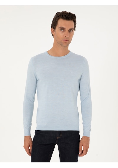 Cacharel Açık Mavi Slim Fit Yün Karışımlı Bisiklet Yaka Basic Triko Kazak Denım