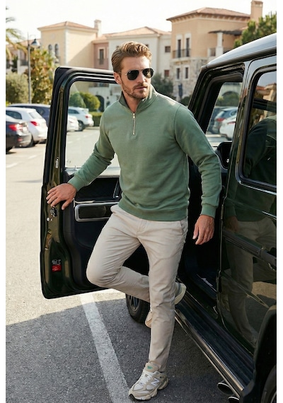 Buratti Pamuklu Regular Fit Yarım Fermuarlı Dik Yaka Erkek Sweat 59052592 Elma Yeşili