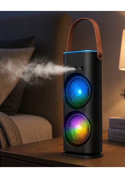 Usb Şarjlı Çift Başlıklı Buharlı Masaüstü Fan Sessiz Serinletici Işıklı Fan - Lisinya