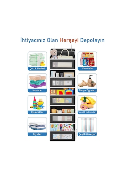 Valkyrie Kapı Arkası Organizer 5 Cepli Askılı Dolap Düzenleyici Çok Amaçlı Kapı Arkası Raf 20kg Taşıma Siyah Siyah