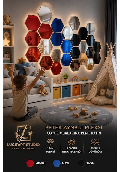 Lucitart 10 Adet Aynalı Pleksi Gümüş Petek Duvar Dekoru Kendinden Yapışkanlı Dekoratif Altıgen Ayna 10x11 - 15x17 - 20x23 Cm