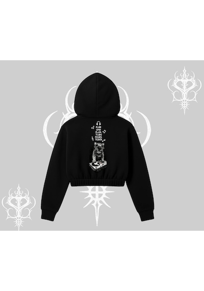 Dj Kedi Baskılı Müzik Temalı Kapşonlu Crop Sweatshirt Siyah