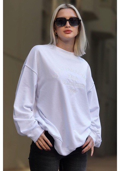 Madmext Beyaz Bisiklet Yaka Baskılı Sweatshirt Mg1924 Mavi