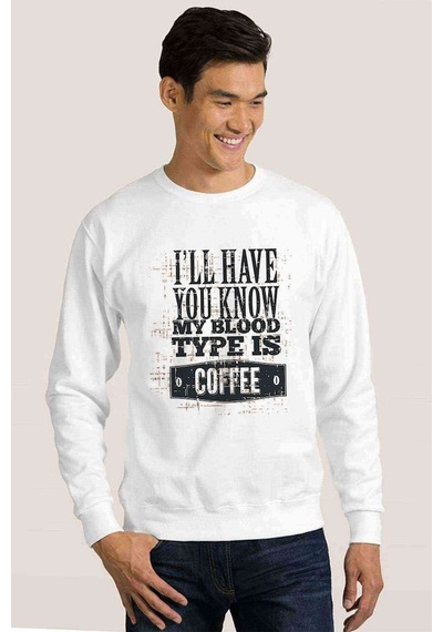 Coffee Baskılı Beyaz Erkek Örme Sweatshirt