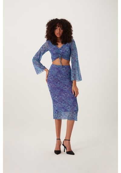 Quhox Kadın Ön Astarlı Mesh Crop Bluz Mavi