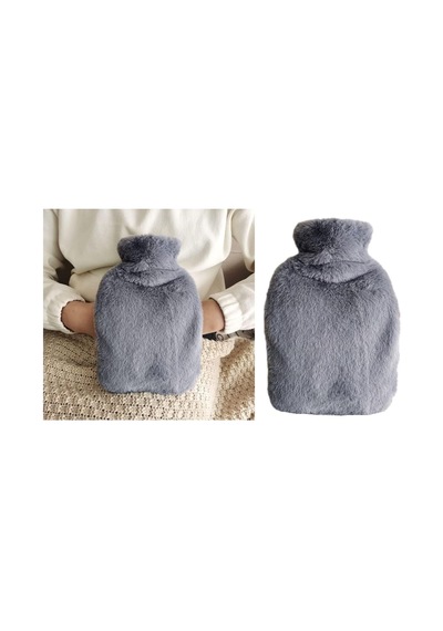 Sıcak Su Torbası Yan Cepli Gri Peluş Termofor 27x17x2cm 1 Litre Koyu Gri