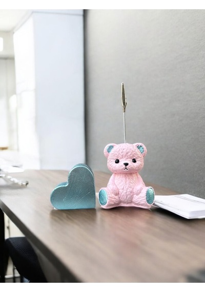 Pembe Ayıcık Ve Kalpli Kart Tutucu Fotoğraf Not Tutucu Ofis Masası Tutacak Hediyelik Pembe