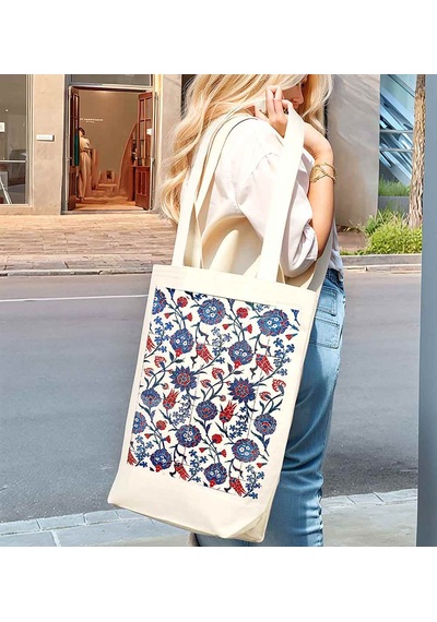 Türk El Sanatları İç Cepli Körüklü Örgü Kulplu Kanvas Çanta 35x40x10 Cm - No.01 Beyaz - Siyah