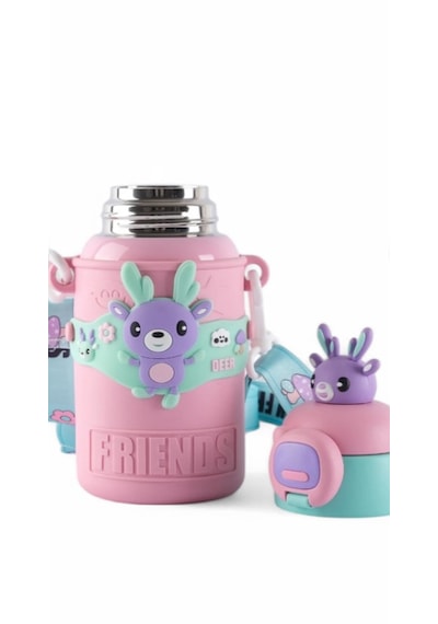 Denizhomecollection 450ml 316 Paslanmaz Çelik Çocuk Termosu, Karikatür Hayvanlar Öğrenci Termosu 1 Kat Pembe
