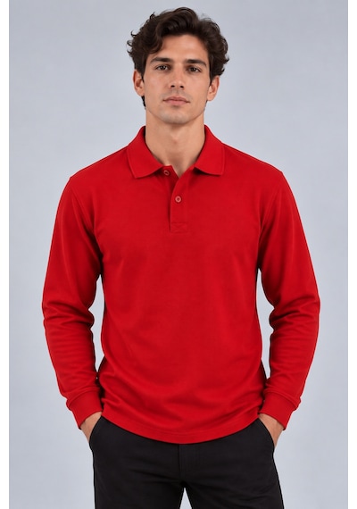 Parshey Erkek Uzun Kollu Polo Yaka Tişört %100 Pamuk 200 Gr Compact Pike Kırmızı