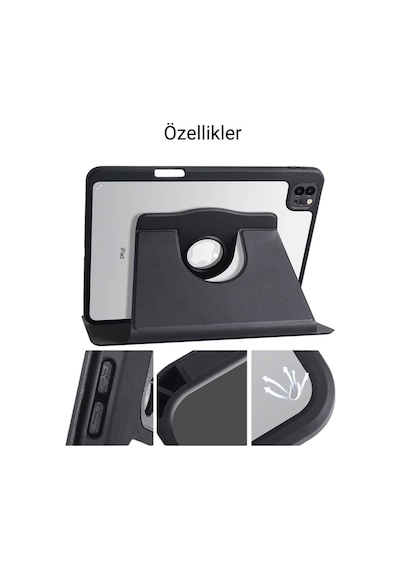 Apple Uyumlu iPad 11 İnç Pro M2 3/4 Nesil 360 Dönebilen Yatay Dikey Stand Özellikli Pino Tablet Kılıfı Kapaklı Kılıf